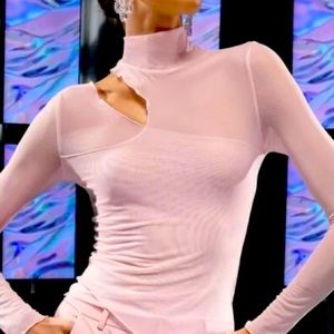 Pink, sheer knit, asymmetrical “Kendall” top. Size L.